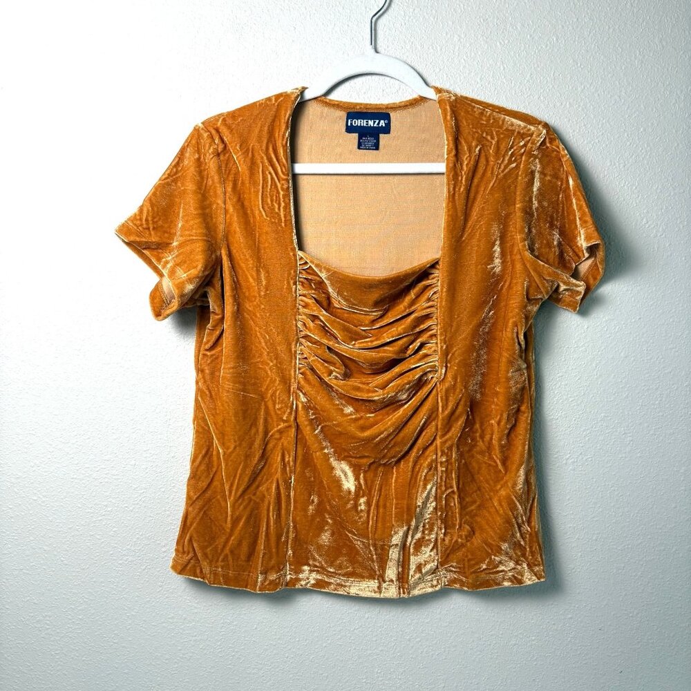 Vintage Forenza Top Size L Orange Velvet Ruched Square Neck‎ Babydoll
